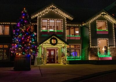Building trimmed in holiday lights beside a decorated Christmas tree