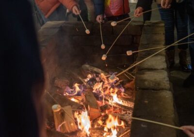 Guests roasting marshmallows over a fire pit