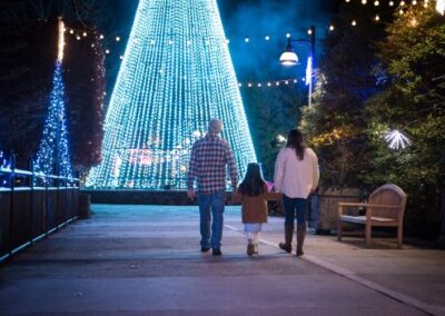 Family walking toward a tall tree of blue holiday lights