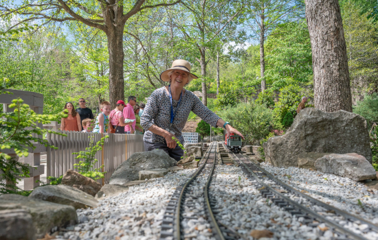 A volunteer places a model train on the tracks at Rocky Cove Railroad