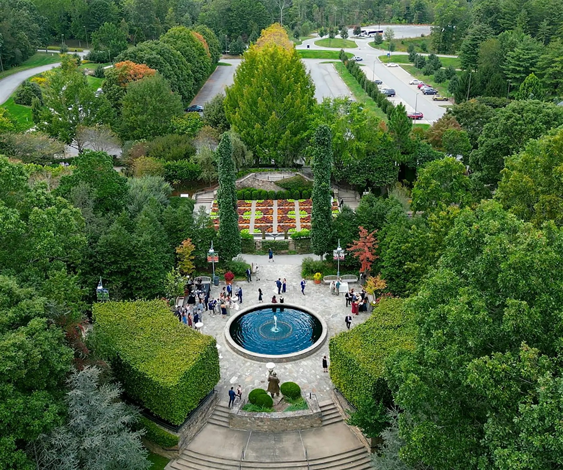 Drone photo of Blue Ridge Court fountain and Quilt Garden