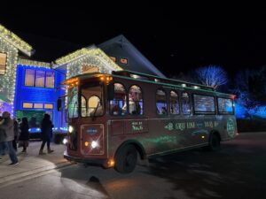 Winter Lights Trolley in front of Baker Visitor Center