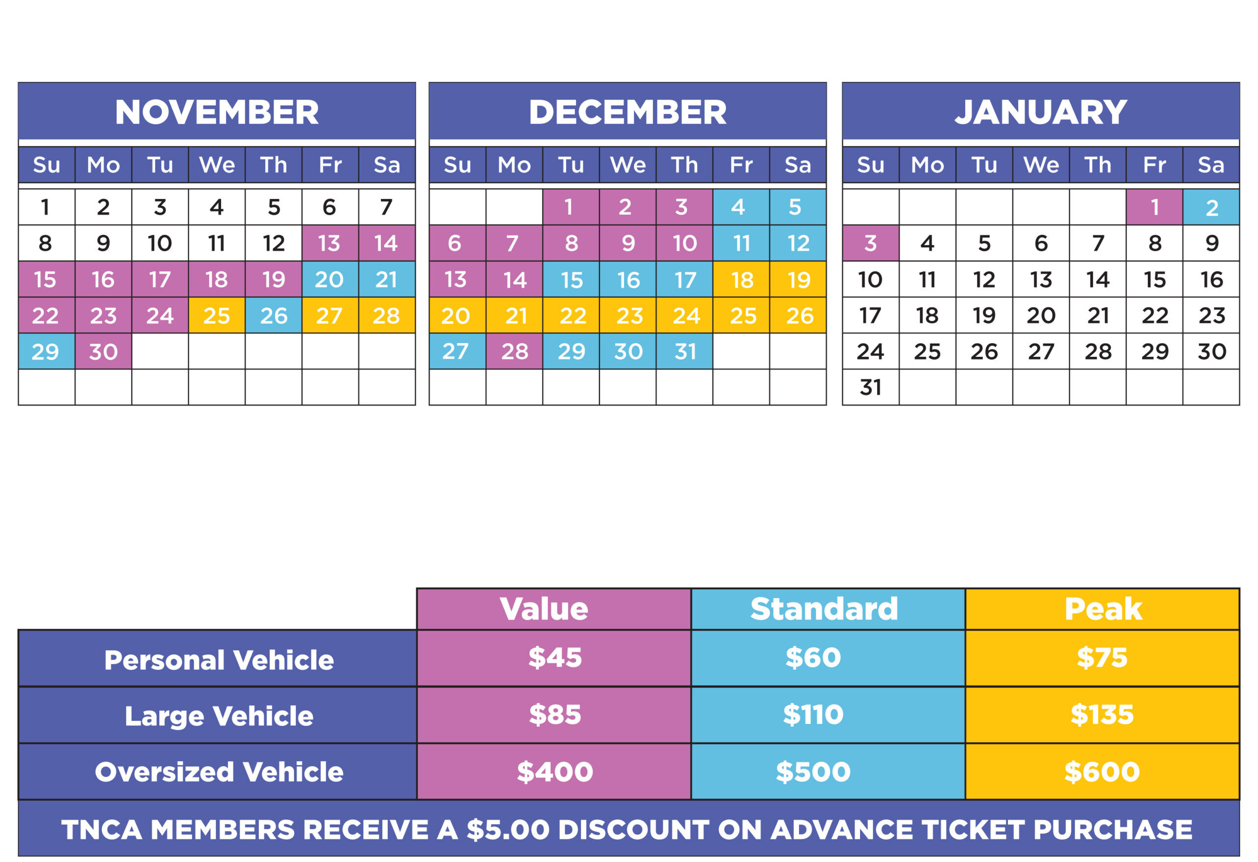 Winter Lights 2026 color coded pricing graphic